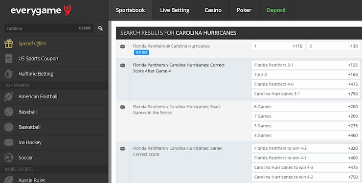 An image of the Everygame North Carolina sportsbook NHL betting odds